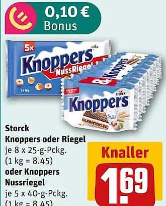 Storck Knoppers oder Riegel je 8 x 25-g-Pckg. (1 kg = 8.45) oder Knoppers Nussriegel je 5 x 40-g-Pckg. (1 kg = 8.45)