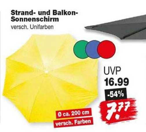 Strand- und Balkon-Sonnenschirm
versch. Unifarben