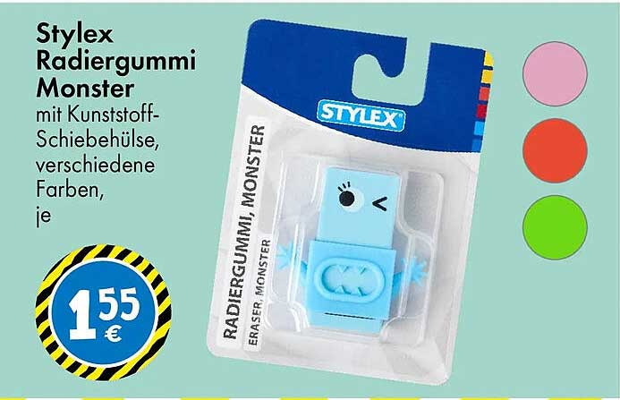 Stylex Radiergummi Monster mit Kunststoff-Schiebehülse, verschiedene Farben, je