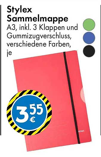 Stylex Sammelmappe A3, inkl. 3 Klappen und Gummizugverschluss, verschiedene Farben, je