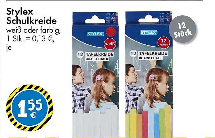 Stylex Schulkreide weiß oder farbig, 1 Stk. = 0,13 €, je