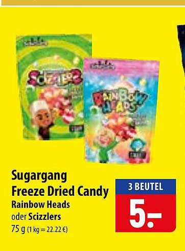 Sugargang Freeze Dried Candy Rainbow Heads oder Scizzlers 75 g (1 kg = 22.22 €)