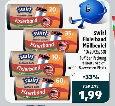 swirl Fixierband Müllbeutel 10/20/35/60l 10/15er Packung reißfest und dicht mit 100% recyceltem Plastik
