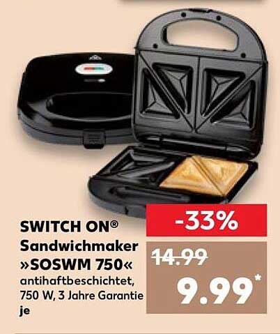 SWITCH ON® Sandwichmaker »SOSWM 750« antihaftbeschichtet, 750 W, 3 Jahre Garantie je