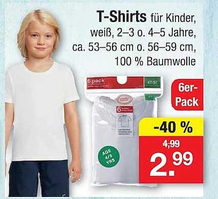 T-Shirts für Kinder, weiß, 2–3 o. 4–5 Jahre, ca. 53–56 cm o. 56–59 cm, 100 % Baumwolle