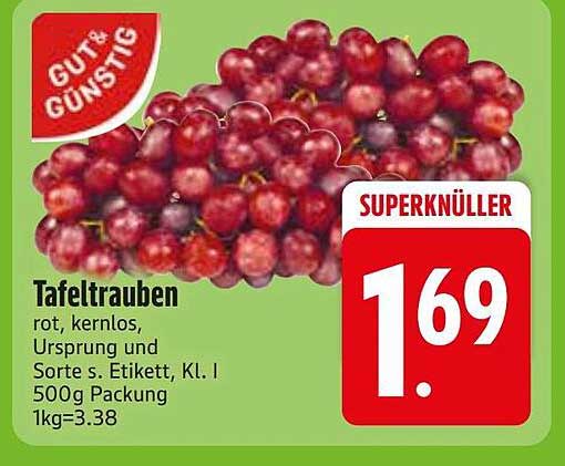 Tafetrauben rot, kernlos, Ursprung und Sorte s. Etikett, Kl. I 500g Packung 1kg=3,38