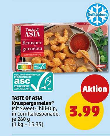 TASTE OF ASIA Knuspergarnelen* Mit Sweet-Chili-Dip, in Cornflakespanade, je 260 g (1 kg = 15.35)