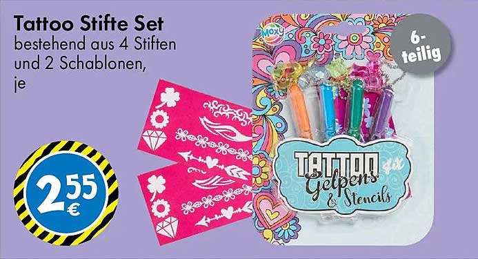 Tattoo Stifte Set bestehend aus 4 Stiften und 2 Schablonen, je