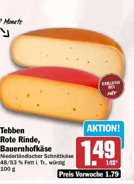 Tebben Rote Rinde, Bauernhofkäse Niederländischer Schnittkäse 48/53 % Fett i. Tr., würzig 100 g