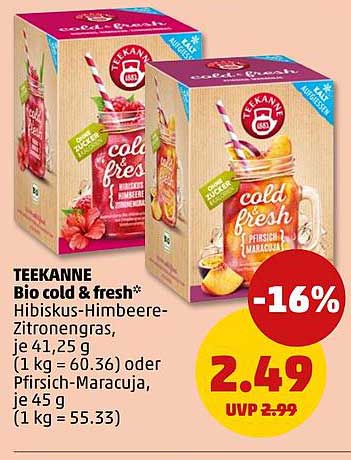 TEEKANNE Bio cold & fresh* Hibiskus-Himbeere-Zitronengras, je 41,25 g (1 kg = 60.36) oder Pfirsich-Maracuja, je 45 g (1 kg = 55.33)