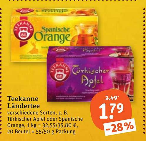 Teekanne Ländertee verschiedene Sorten, z. B. Türkischer Apfel oder Spanische Orange, 20 Beutel = 55/50 g Packung
