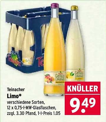 Teinacher Limo* verschiedene Sorten, 12 x 0,75-l-MW-Glasflaschen, zzgl. 3.30 Pfand, 1-l-Preis 1.05