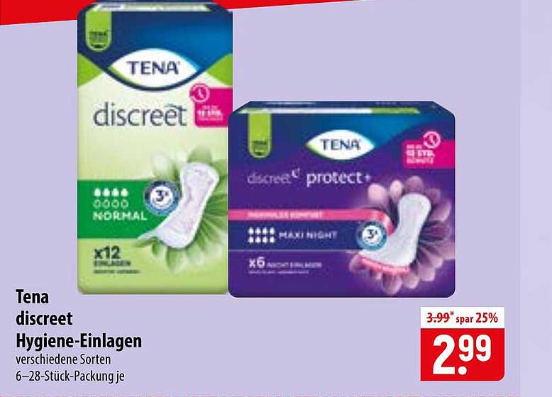 Tena discreet Hygiene-Einlagen verschiedene Sorten 6–28-Stück-Packung je