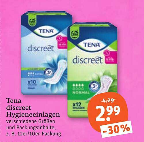 Tena discreet Hygieneeinlagen verschiedene Größen und Packungsinhalte, z. B. 12er/10er-Packung