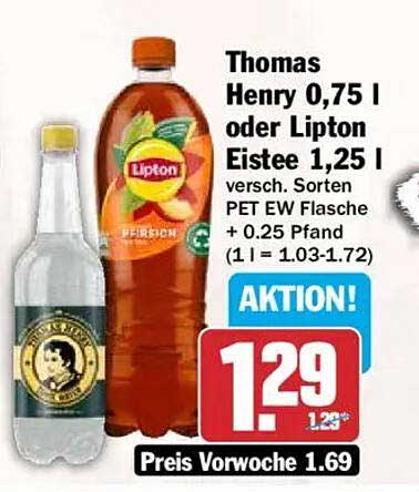 Thomas Henry 0,75 l oder Lipton Eistee 1,25 l