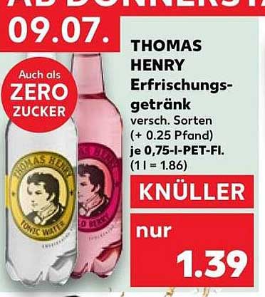THOMAS HENRY Erfrischungsgetränk versch. Sorten (+ 0.25 Pfand) je 0,75-l-PET-Fl. (1 l = 1.86)