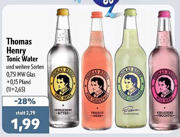 Thomas Henry Tonic Water und weitere Sorten 0,75 l MW Glas + 0,15 Pfand (1 l = 2,65)