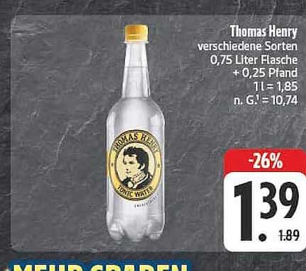 Thomas Henry verschiedene Sorten 0,75 Liter Flasche +0,25 Pfand