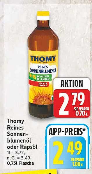Thomy Reines Sonnenblumenöl oder Rapsöl 0,75l Flasche