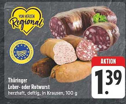 Thüringer Leber- oder Rotwurst herzaft, deftig, in Krausen, 100 g
