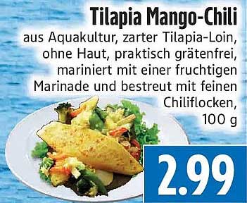 Tilapia Mango-Chili aus Aquakultur, zarter Tilapia-Loin, ohne Haut, praktisch grätenfrei, mariniert mit einer fruchtigen Marinade und bestreut mit feinen Chiliflocken, 100 g