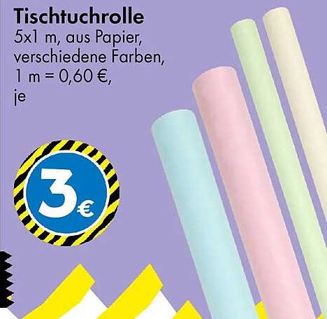 Tischuchrolle 5x1 m, aus Papier, verschiedene Farben, 1 m = 0,60 €, je