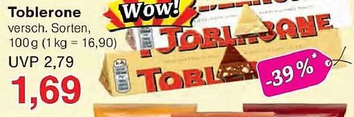 Toblerone versch. Sorten, 100 g (1 kg = 16,90)