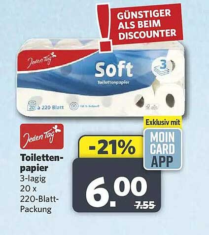 Toilettenpapier 3-lagig 20 x 220-Blatt-Packung