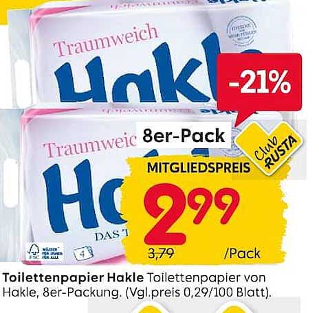 Toilettenpapier Hakle Toilettenpapier von Hakle, 8er-Packung. (Vgl.preis 0,29/100 Blatt).