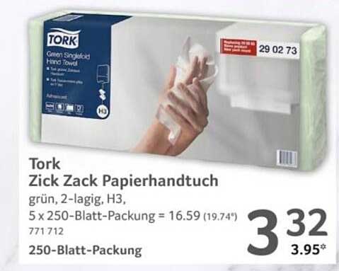 Tork Zick Zack Papierhandtuch grün, 2-lagig, H3, 5 x 250-Blatt-Packung = 16.59 (19.74*) 771 712 250-Blatt-Packung