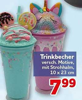 Trinkbecher versch. Motive, mit Strohhalm, 10 x 23 cm