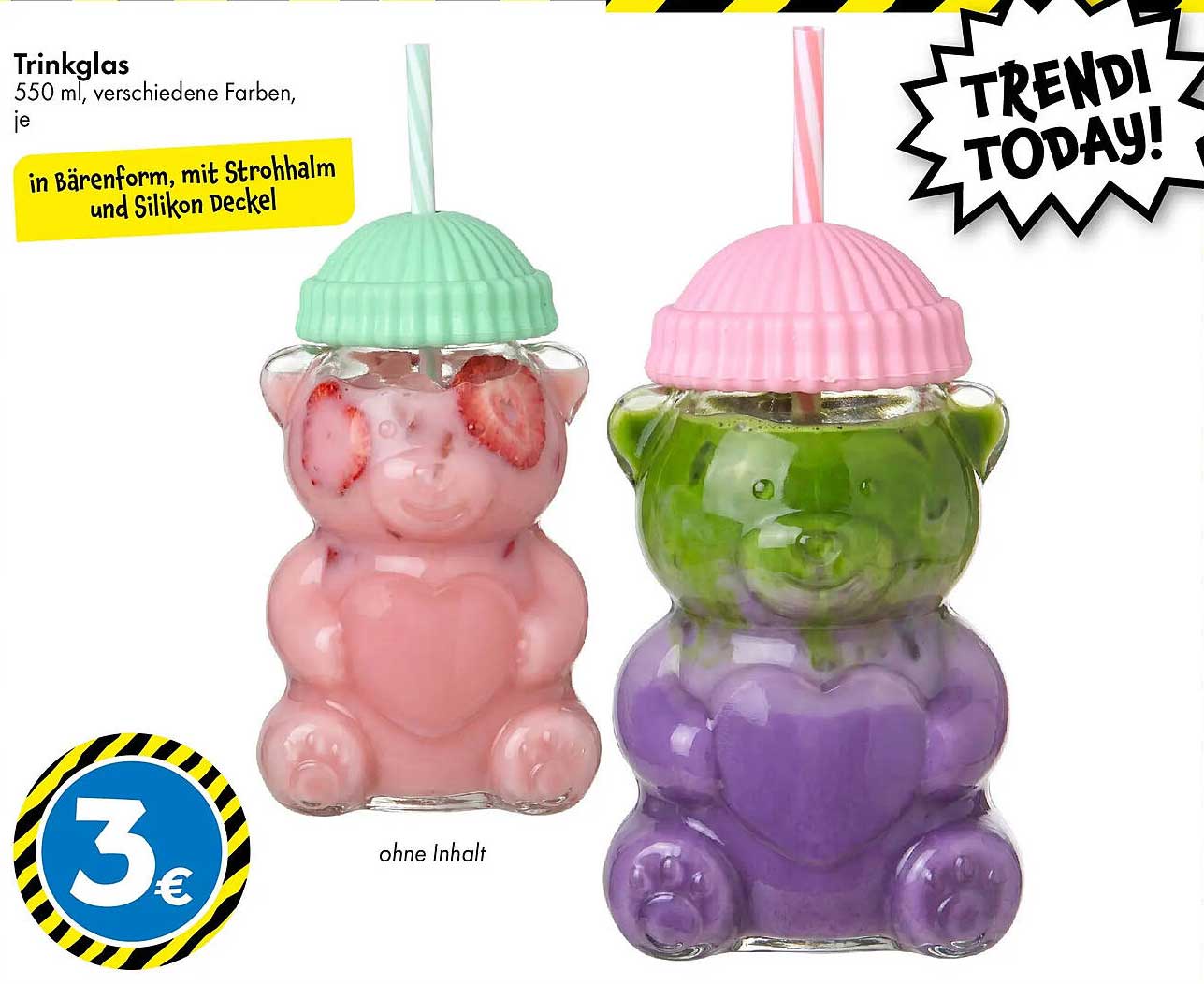 Trinkglas 550 ml, verschiedene Farben, je in Bärenform, mit Strohhalm und Silikon Deckel