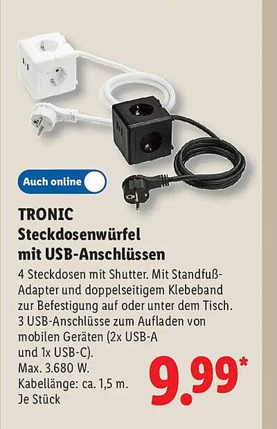 TRONIC Steckdosenwürfel mit USB-Anschlüssen