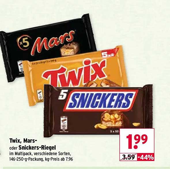 Twix, Mars- oder Snickers-Riegel im Multipack, verschiedene Sorten, 146-250-g-Packung, kg-Preis ab 7.96