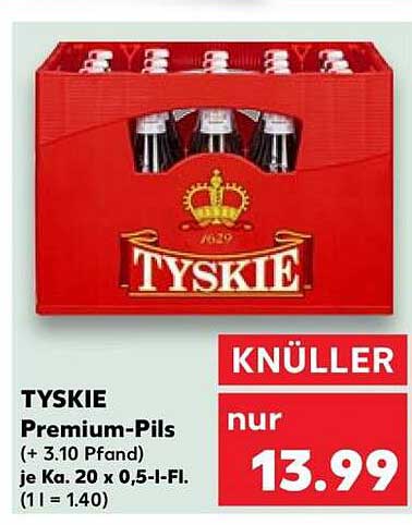 TYSKIE Premium-Pils (+ 3.10 Pfand) je K. 20 x 0,5-l-Fl. (1 l = 1.40)
