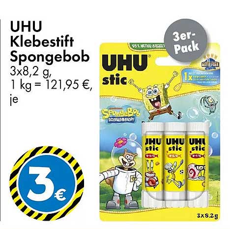 UHU Klebestift Spongebob 3x8,2 g, 1 kg = 121,95 €, je