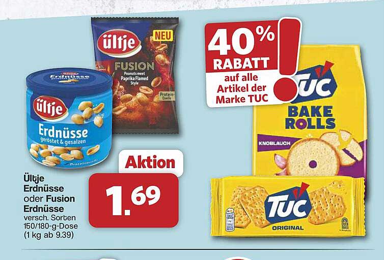 Ültje Erdnüsse oder Fusion Erdnüsse versch. Sorten 150/180-g-Dose (1 kg ab 9.39)
