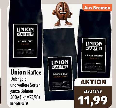 Union Kaffee Deichgold und weitere Sorten ganze Bohnen 500g (1kg = 23,98) handgeröstet
