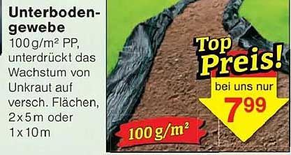 Unterbodengewebe 100 g/m² PP, unterdrückt das Wachstum von Unkraut auf versch. Flächen, 2 x 5 m oder 1 x 10 m