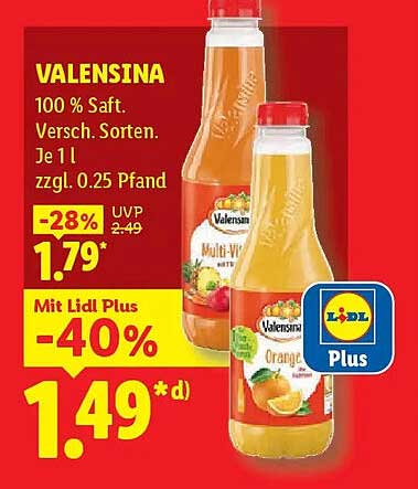VALENSINA 100 % Saft. Versch. Sorten. Je 1 l zzgl. 0.25 Pfand
