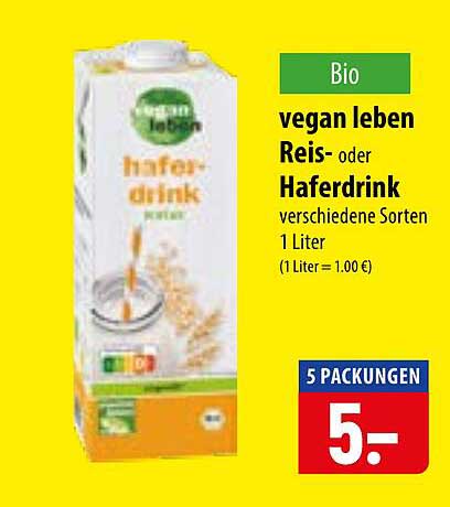 vegan leben Reis- oder Haferdrink verschiedene Sorten 1 Liter