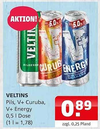 Veltins Pils, V+ Curuba, V+ Energy 0,5 l Dose (1 l = 1,78)