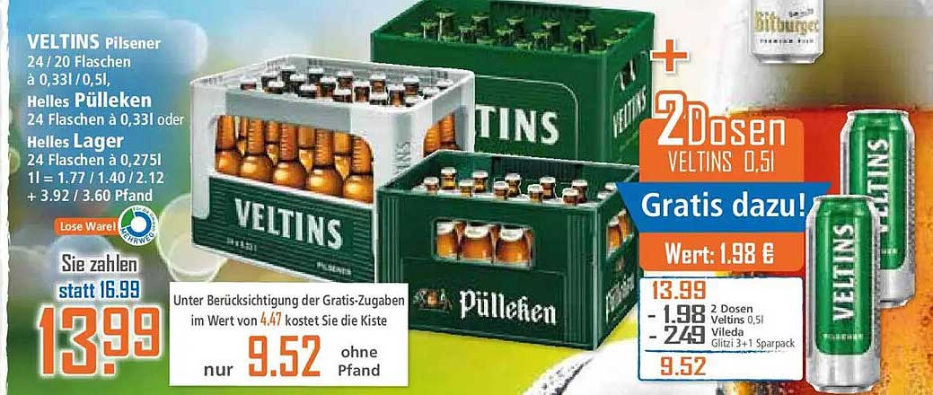 VELTINS Pilsener 24/20 Flaschen a 0,33l/0,5l Helles Pülleken 24 Flaschen a 0,33l oder Helles Lager 24 Flaschen a 0,275l