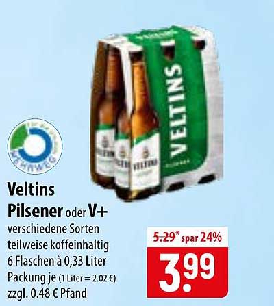 Veltins Pilsener oder V+ verschiedene Sorten teilweise koffeinhaltig 6 Flaschen à 0,33 Liter Packung je 1 Liter = 2.02 € zzgl. 0.48 € Pfand