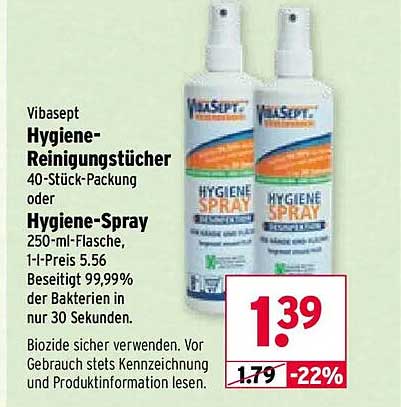 Vibasept Hygiene-Reinigungstücher 40-Stück-Packung oder Hygiene-Spray 250-ml-Flasche, 1-l-Flasche