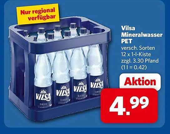 Vilsa Mineralwasser PET versch. Sorten 12 x 1-l-Kiste zzgl. 3.30 Pfand (1 l = 0.42)