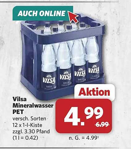 Vilsa Mineralwasser PET versch. Sorten 12 x 1 l-Kiste zzgl. 3.30 Pfand (1 l = 0.42)