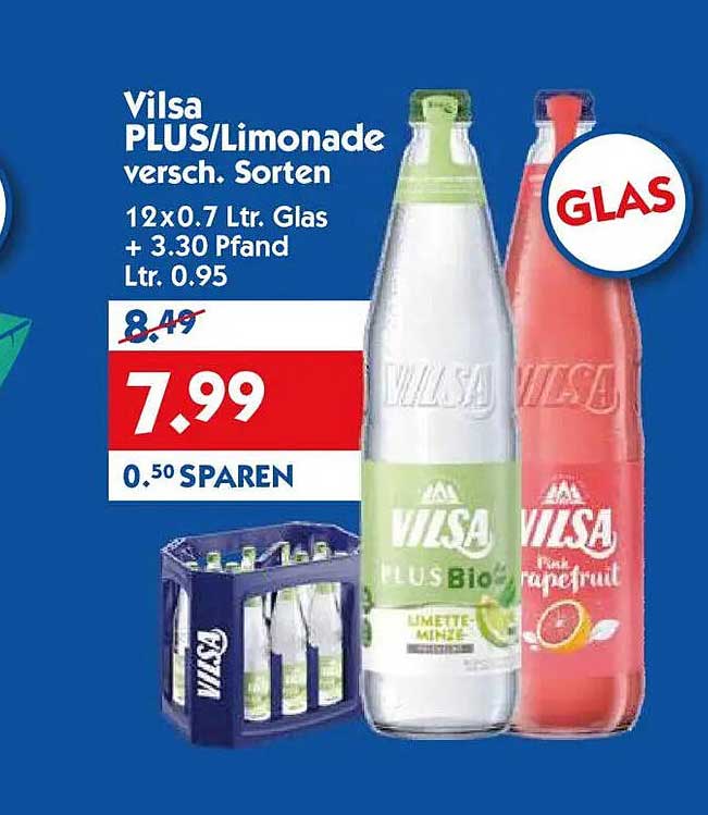 Vilsa PLUS/Limonade versch. Sorten 12x0.7 Ltr. Glas + 3.30 Pfand Ltr. 0.95