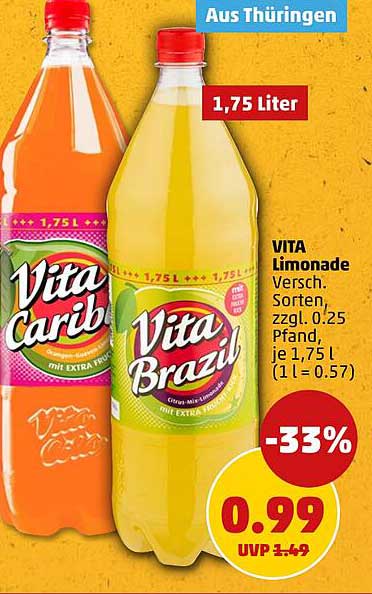 VITA Limonade Versch. Sorten, zzgl. 0,25 Pfand, je 1,75 l (1 l = 0.57)