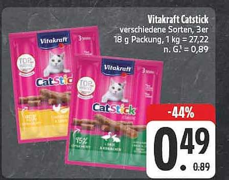 Vitakraft Catstick verschiedene Sorten. 3er 18 g Packung, 1 kg = 27,22 n. G. = 0,89